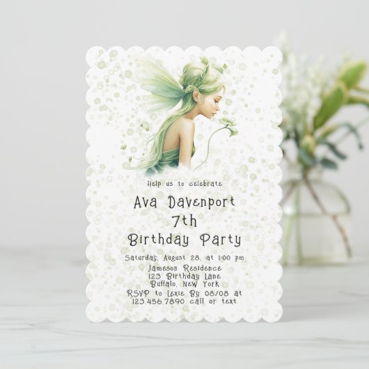 ライトグリーン妖精の女の子の誕生日パーティー 招待状 (スタンド正面)