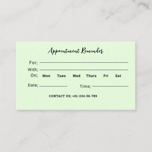 ライトグリーン淡い色のドクターアポイントメントリマインダーカード 名刺 (正面)