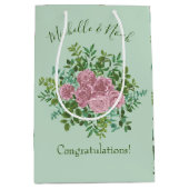 ライトグリーン淡い色の&ピンク牡丹バラフローラ結婚ズ ミディアムペーパーバッグ (正面)