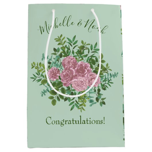 ライトグリーン淡い色の&ピンク牡丹バラフローラ結婚ズ ミディアムペーパーバッグ (正面)