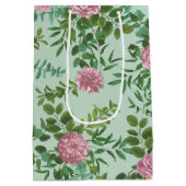 ライトグリーン淡い色の&ピンク牡丹バラフローラ結婚ズ ミディアムペーパーバッグ (裏面)