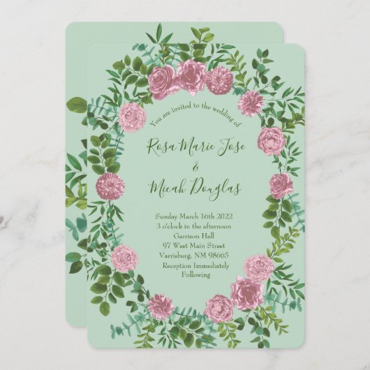 ライトグリーン淡い色の&ピンク牡丹バラフローラ結婚ズ 招待状 (正面/裏面)
