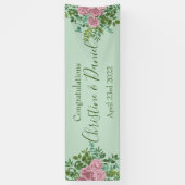ライトグリーン淡い色の&ピンク牡丹バラフローラ結婚ズ 横断幕 (縦)
