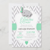ライトグリーン、白い灰色の象の赤ちゃんシャワー 招待状 (正面)