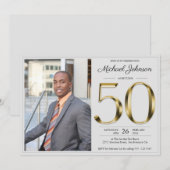 ライトグレカスタムーの写真無地の金ゴールド50th誕生日 招待状 (正面/裏面)