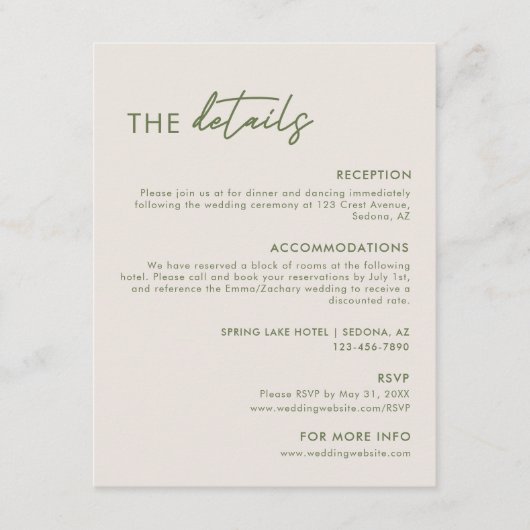 ライトグレモダンー&オリーブグリーン結婚ズ詳細 エンクロージャーカード (正面)