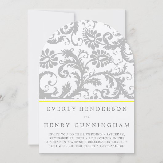 ライトグレーとイエローダマスクウェディング招待状 招待状 (正面)
