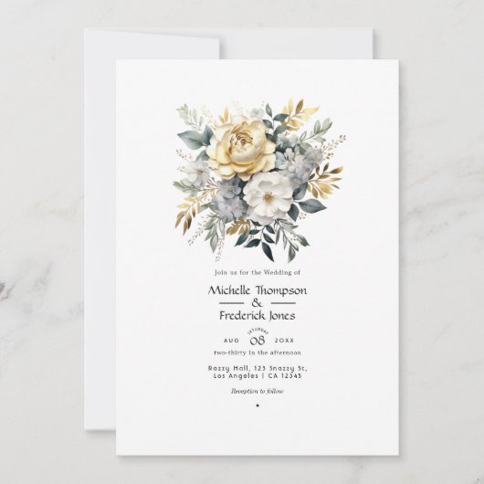 ライトグレーとグリーンと偽の箔ゴールドのウェディング 招待状 (正面)