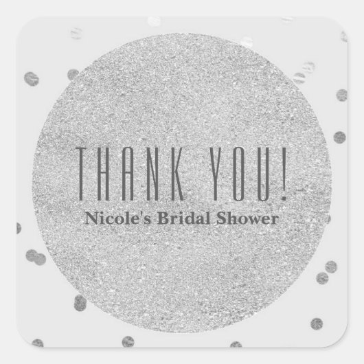 ライトグレーとシルバーシャイニー紙吹雪ドットモダン スクエアシール (正面)