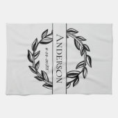 ライトグレーとブラックリーフファミリー結婚名の日付 キッチンタオル (横)