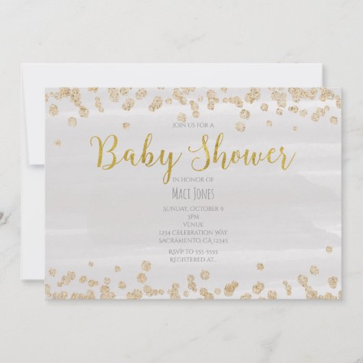 ライトグレーと金ゴールド散布ベビーシャワー招待状 招待状 (正面)