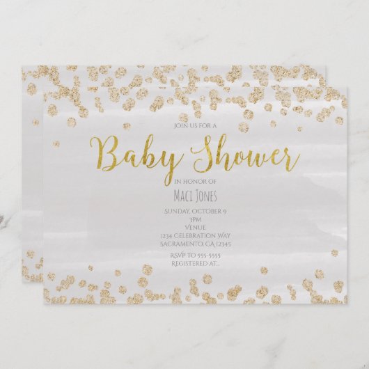 ライトグレーと金ゴールド散布ベビーシャワー招待状 招待状 (正面/裏面)