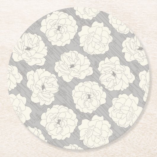 ライトグレーの白いバラ – シームレスなパターン。 ラウンドペーパーコースター (正面)