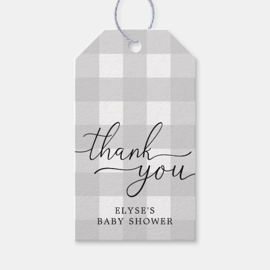 ライトグレーギンガムベビーシャワーサンキューユユーメッセージカード ギフトタグ (正面)