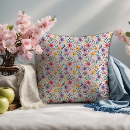 ライトグレーシンプルワイルドフラワーパターンモノグラム クッション