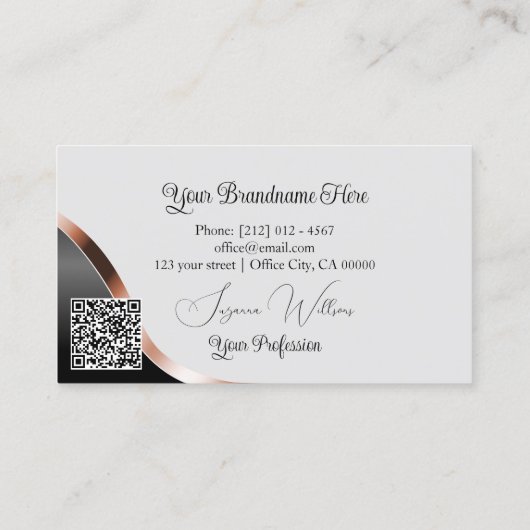 ライトグレーブラック波状バラ金ゴールドハートとQRコード 名刺 (裏面)