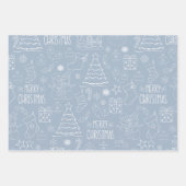 ライトグレーブルーの白いクリスマスアウトライン ラッピングペーパーシート (正面2)