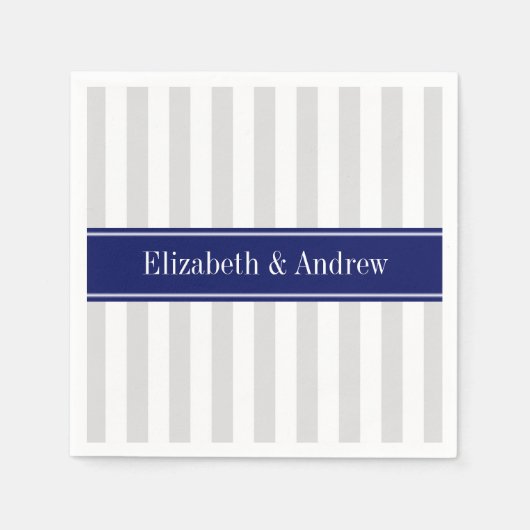 ライトグレーホワイトストライプネイビーブルーネームモノグラム スタンダードカクテルナプキン (正面)