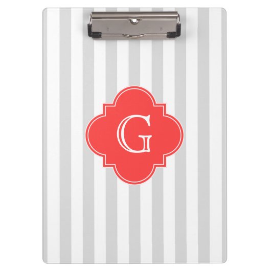 ライトグレーホワイトストライプレンズコーラルレッドモノグラムラベル クリップボード (正面)