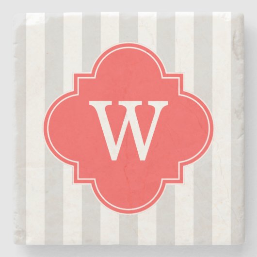 ライトグレーホワイトストライプレンズコーラルレッドモノグラムラベル ストーンコースター (正面)