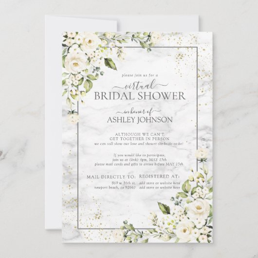 ライトグレーホワイトフローラ金ゴールド大理石バーチャルシャワー 招待状 (正面)