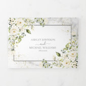 ライトグレーホワイトフローラ金ゴールド大理石フォト結婚ズ 三つ折り招待状 (カバー)