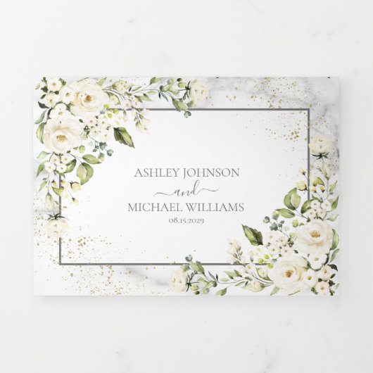 ライトグレーホワイトフローラ金ゴールド大理石フォト結婚ズ 三つ折り招待状 (カバー)