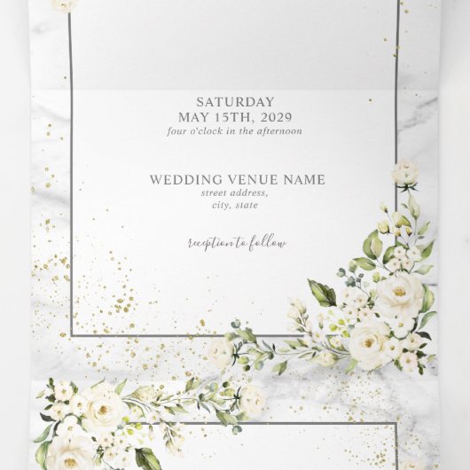 ライトグレーホワイトフローラ金ゴールド大理石フォト結婚ズ 三つ折り招待状 (内部中)