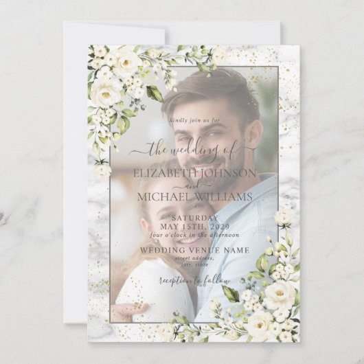 ライトグレーホワイトフローラ金ゴールド大理石フォト結婚ズ 招待状 (正面)