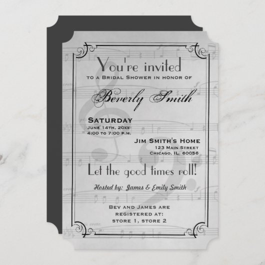 ライトグレーミュージカルテーマブライダルシャワー 招待状 (正面/裏面)