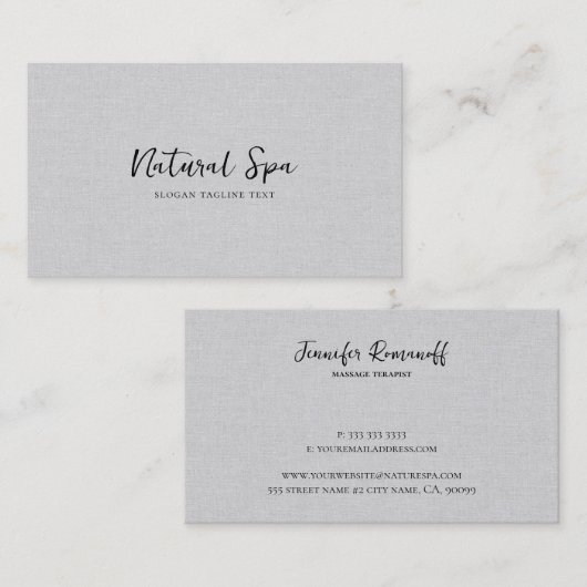 ライトグレーリネンテクスチャプリントブラックタイポグラフィ 名刺 (正面/裏面)