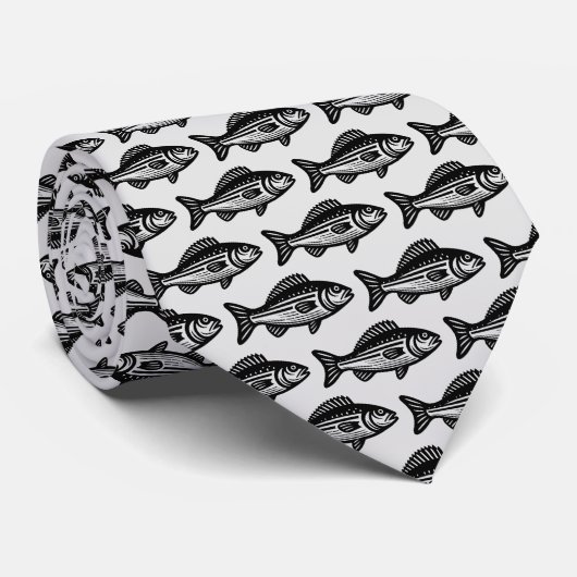 ライトグレー地に黒の魚柄 ネクタイ (ロール)