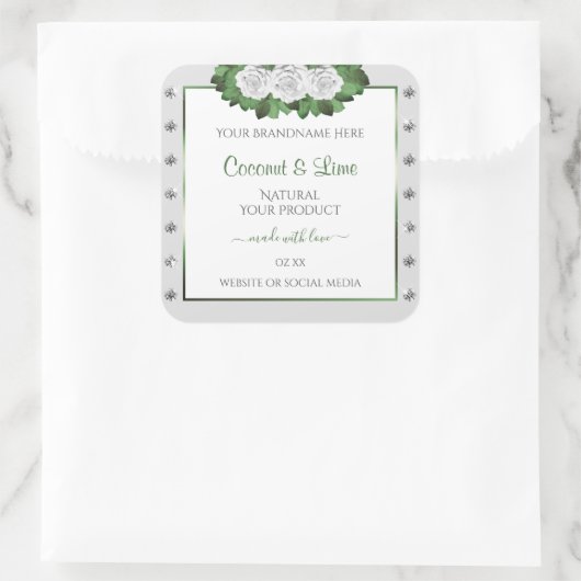 ライトグレー製品ラベルグリーンホワイトローズジュエリー スクエアシール (バッグ)