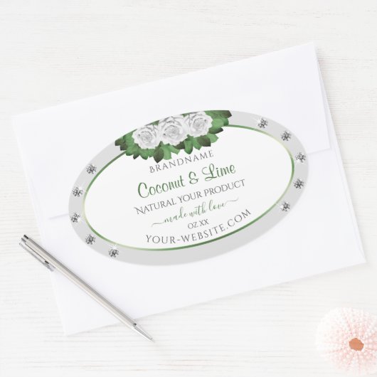ライトグレー製品ラベルグリーンホワイトローズジュエリー 楕円形シール (封筒)