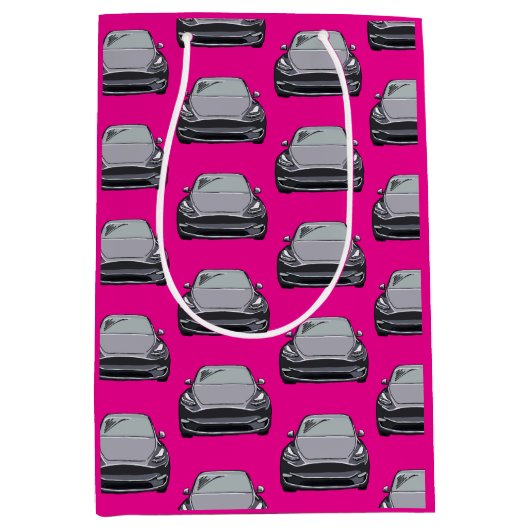 ライトグレー電気自動車SUVカーピンク背景 ミディアムペーパーバッグ (正面)