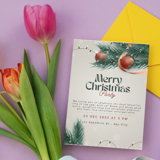 ライトグレー&グリーンクリスマスパーティの招待状 シーズンカード