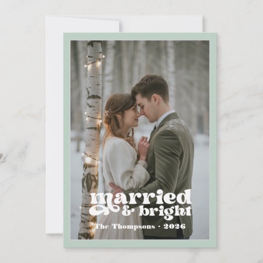 ライトグレー&シルバーグリーンの新婚夫婦のためのクリスマス シーズンカード (正面)