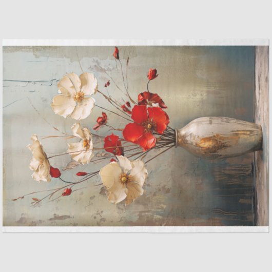 ライトグ素朴レーブルー、ベージュ、赤の花と花瓶 薄葉紙 (正面)