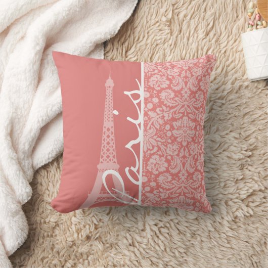 ライトコーラルダマスク;パリ;エッフェルタワー クッション (ブランケット)