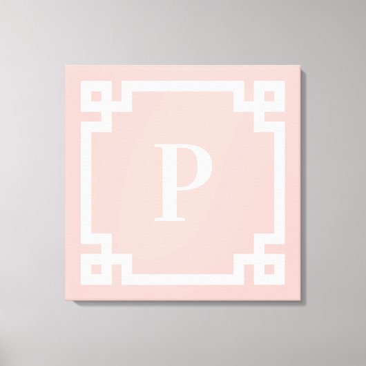 ライトコーラルピンクホワイトギリシャ鍵モノグラ縁どム キャンバスプリント (正面)