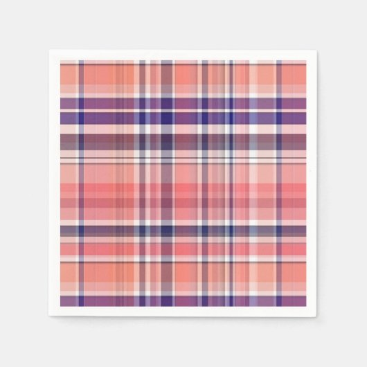 ライトコーラル、ネイビーブルー、ホワイトマドラス名門私立校風のプレイド スタンダードカクテルナプキン (正面)