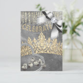 ライトゴールドとシルバーに王冠とダイヤモンドの青いパーティー 招待状 (スタンド正面)