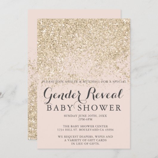 ライトゴールドグリッター ブラッシュピンク 性別発表 ベイビー 招待状 (正面/裏面)