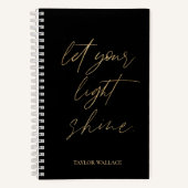 ライトシャイン引用文金ゴールドパーソナライズされた黒 ノートブック (正面)