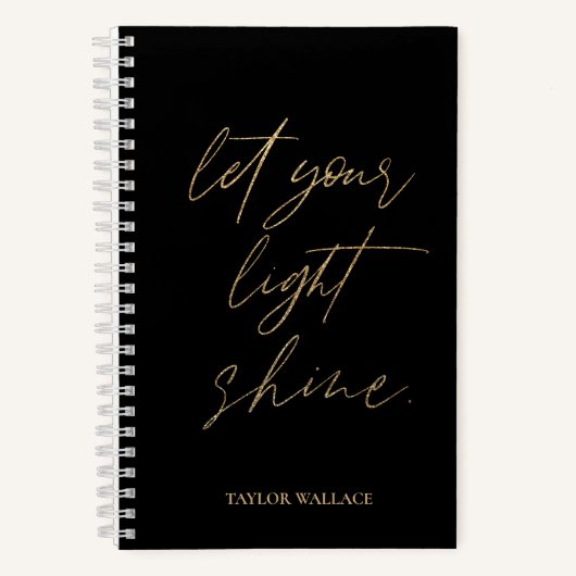 ライトシャイン引用文金ゴールドパーソナライズされた黒 ノートブック (正面)