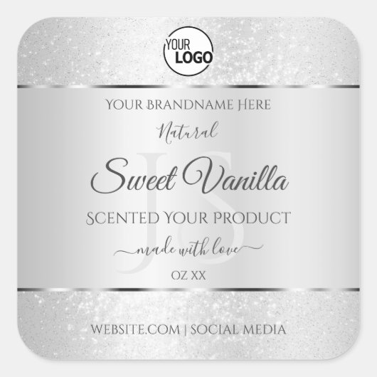 ライトシルバーグリッター製品ラベルモノグラムロゴ スクエアシール (正面)