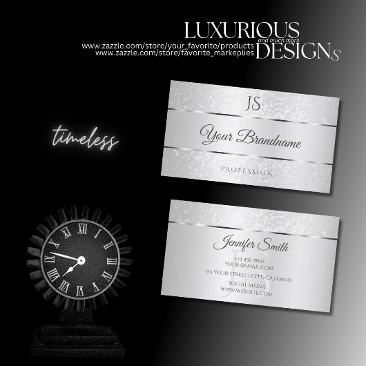 ライトシルバースパークルソフトグリッターとイニシャル 名刺