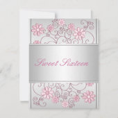 ライトシルバーメタル淡い色のピンクの花16誕生日 招待状 (正面)