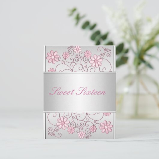 ライトシルバーメタル淡い色のピンクの花16誕生日 招待状 (スタンド正面)