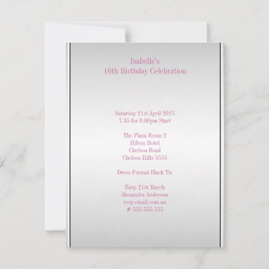 ライトシルバーメタル淡い色のピンクの花16誕生日 招待状 (裏面)